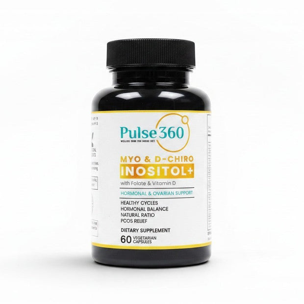 Pulse 360º Glow Myo & D-Chiro Inositol+ supplement bottle for hormonal and ovarian support with 60 vegetarian capsules.