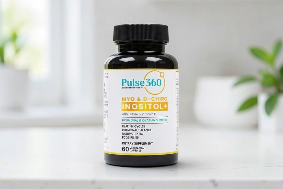 Pulse 360º Glow Myo & D-Chiro Inositol+ supplement bottle for hormonal and ovarian support on a white counter.