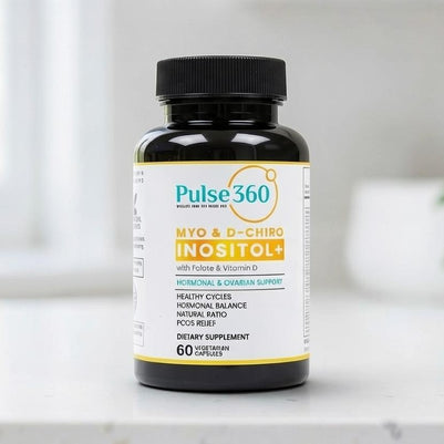 Pulse 360º Glow Myo & D-Chiro Inositol+ supplement bottle for hormonal and ovarian support on a white counter.