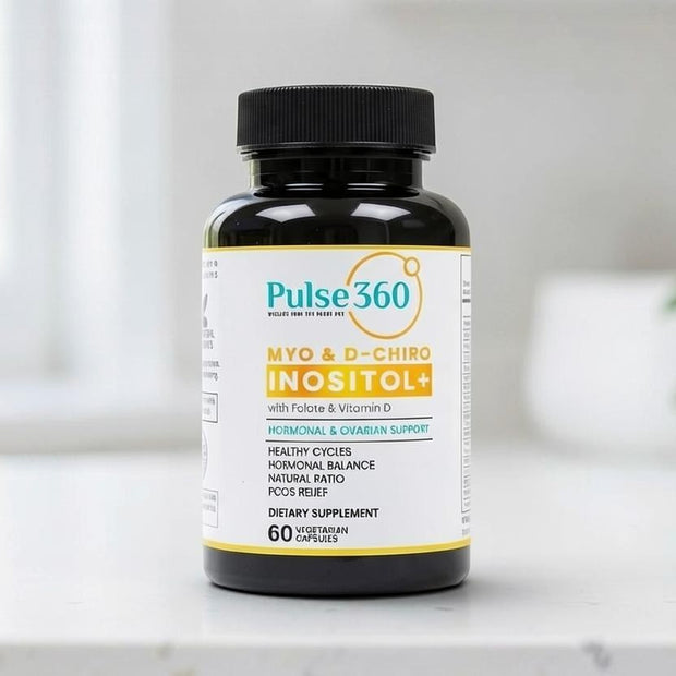 Pulse 360º Glow Myo & D-Chiro Inositol+ supplement bottle for hormonal and ovarian support on a white counter.
