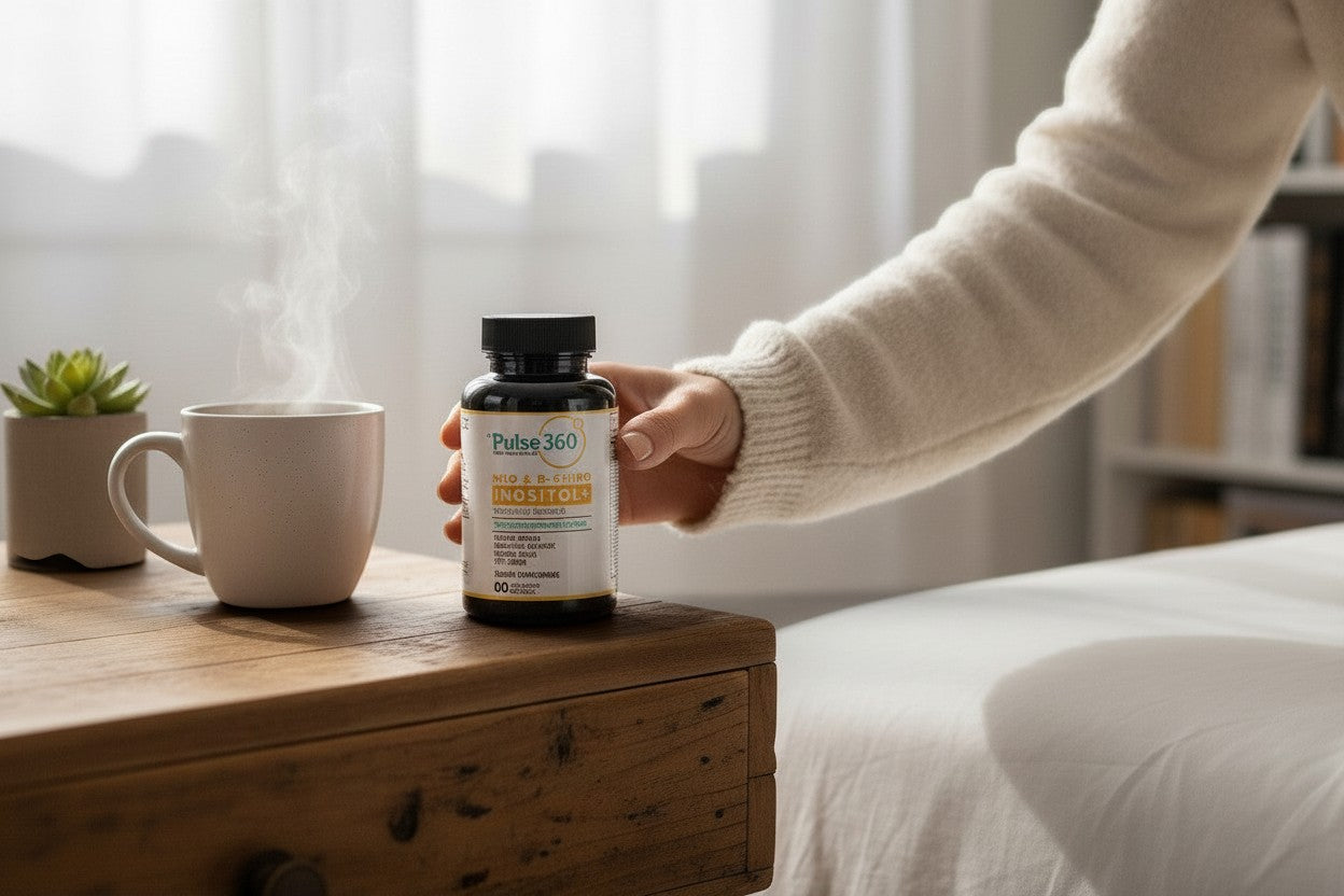 Pulse 360º Glow Myo and D-Chiro Inositol supplement bottle held on a wooden table next to a steaming mug of tea.