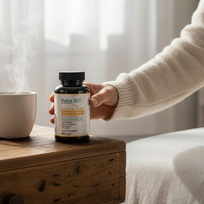 Pulse 360º Glow Myo and D-Chiro Inositol supplement bottle held on a wooden table next to a steaming mug of tea.