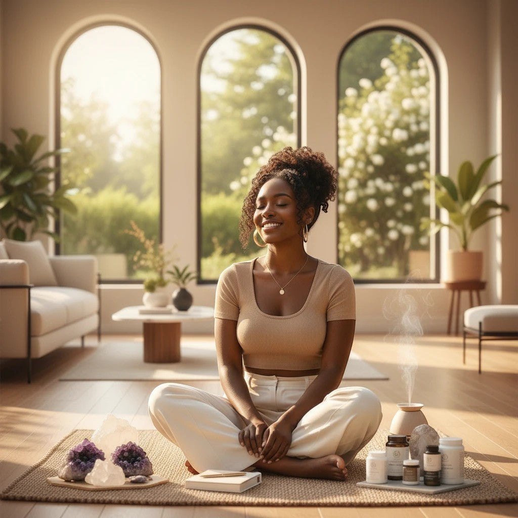 Pulse 360º Glow woman meditating in a sunlit room with wellness supplements and crystals for a spiritual foundation