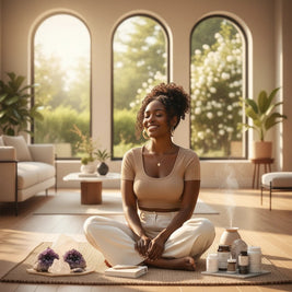 Pulse 360º Glow woman meditating in a sunlit room with wellness supplements and crystals for a spiritual foundation
