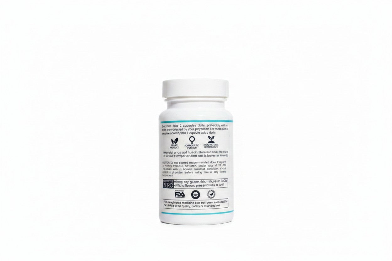 Pulse 360º Glow Advanced Strength Probiotic supplement bottle showing back label with usage instructions and ingredients