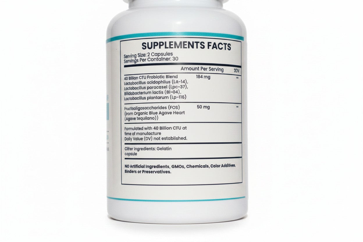 Pulse 360º Glow Advanced Strength Probiotic supplement facts label detailing ingredients and dosage information.
