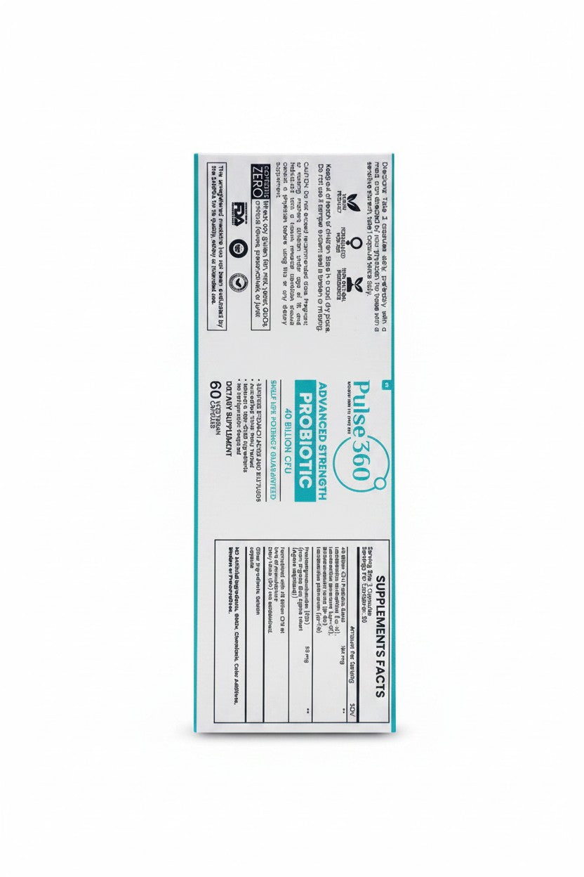 Pulse 360º Glow Advanced Strength Probiotic supplement box showing supplement facts, ingredients, and usage instructions.