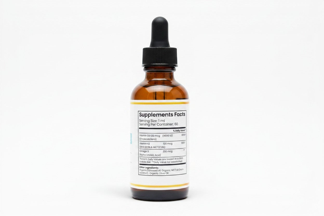 Pulse 360º Glow Vitamin D3 and K2 supplement bottle with dropper, showing the supplement facts label.