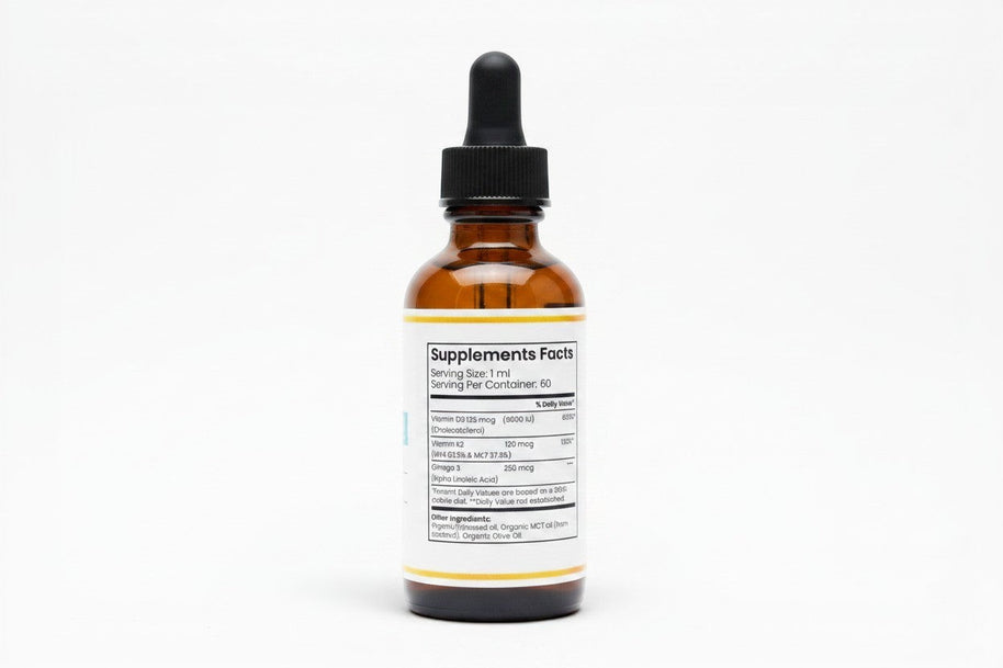 Pulse 360º Glow Vitamin D3 and K2 supplement bottle with dropper, showing the supplement facts label.