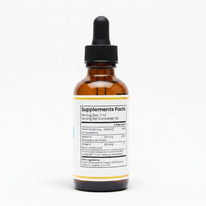 Pulse 360º Glow Vitamin D3 and K2 supplement bottle with dropper, showing the supplement facts label.
