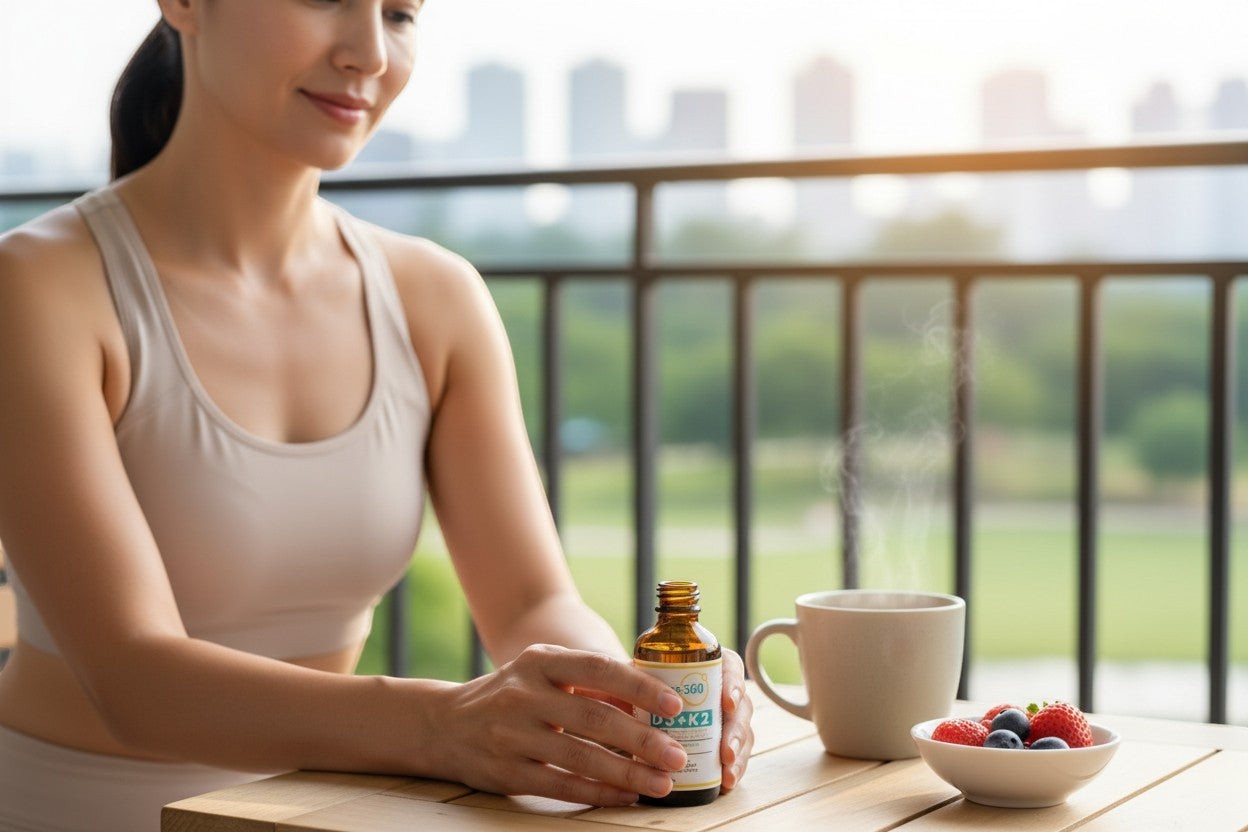 Woman holding a Pulse 360º Glow Vitamin D3 and K2 supplement bottle on a balcony with coffee and fresh berries