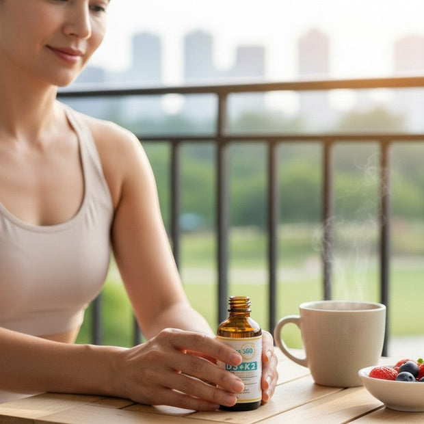 Woman holding a Pulse 360º Glow Vitamin D3 and K2 supplement bottle on a balcony with coffee and fresh berries