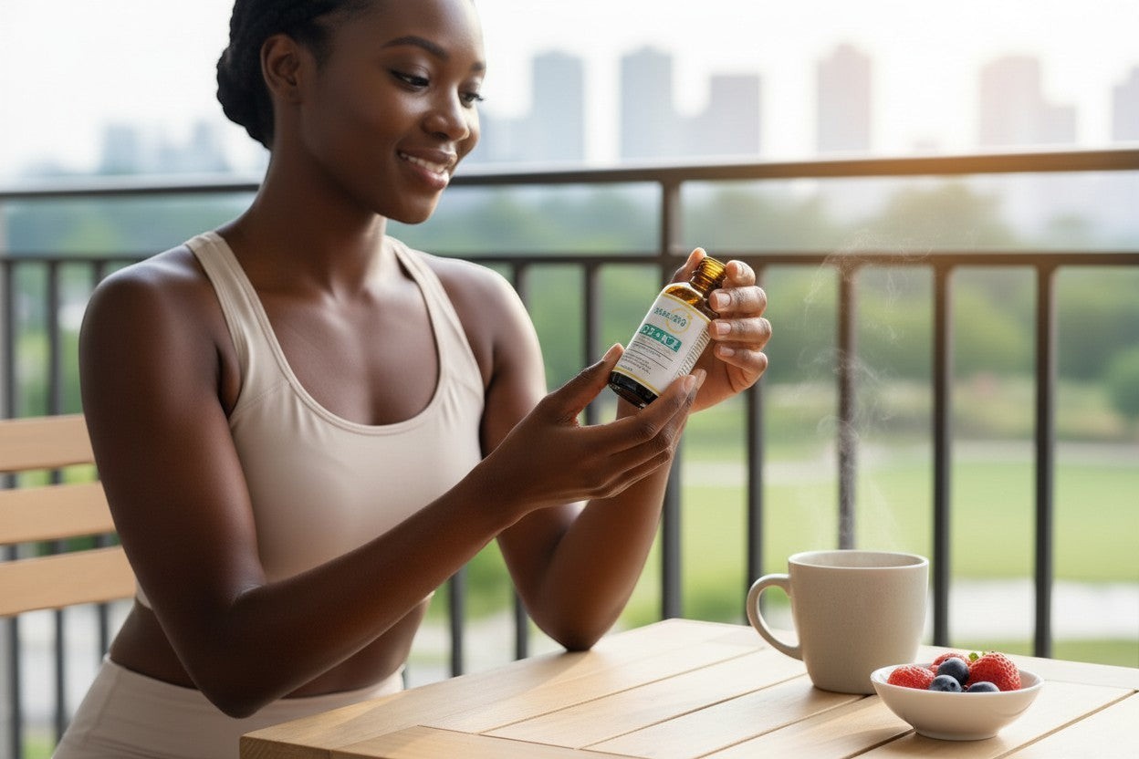 Woman holding Pulse 360º Glow Vitamin D3 & K2 supplement bottle at a table with coffee and berries on a balcony.