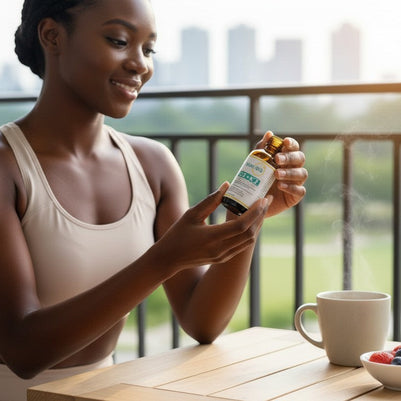 Woman holding Pulse 360º Glow Vitamin D3 & K2 supplement bottle at a table with coffee and berries on a balcony.
