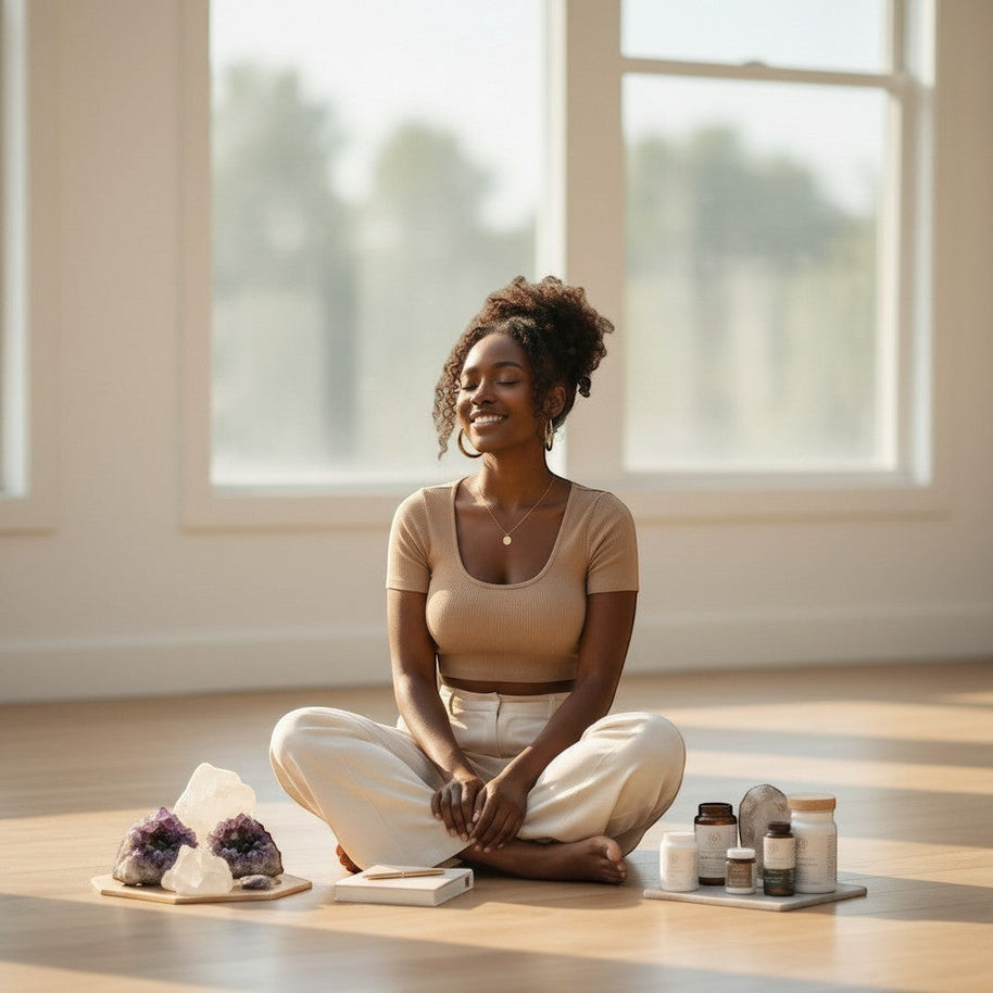 Pulse 360º Glow wellness program participant meditating in a sunlit room with crystals and supplement bottles.