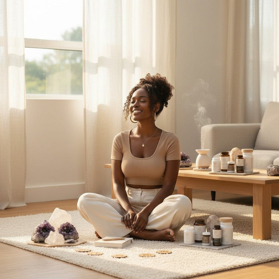Pulse 360º Glow wellness program featuring a woman meditating in a sunlit room with supplements and crystals.