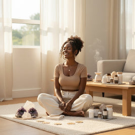 Pulse 360º Glow wellness program featuring a woman meditating in a sunlit room with supplements and crystals.