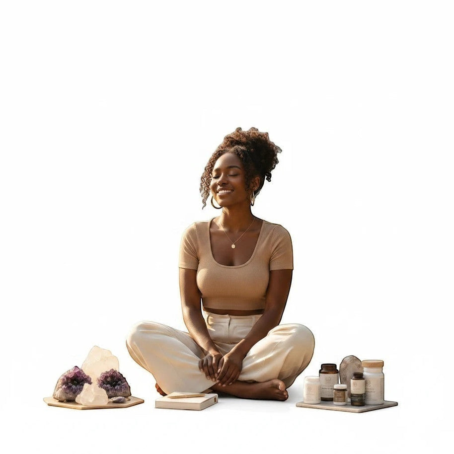 Pulse 360º Glow wellness program featuring a woman meditating with crystals and supplement bottles
